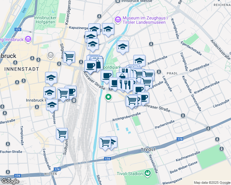 map of restaurants, bars, coffee shops, grocery stores, and more near 2 Amraser Straße in Innsbruck