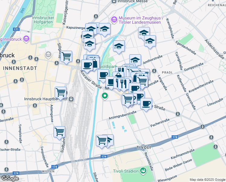 map of restaurants, bars, coffee shops, grocery stores, and more near 2 Amraser Straße in Innsbruck