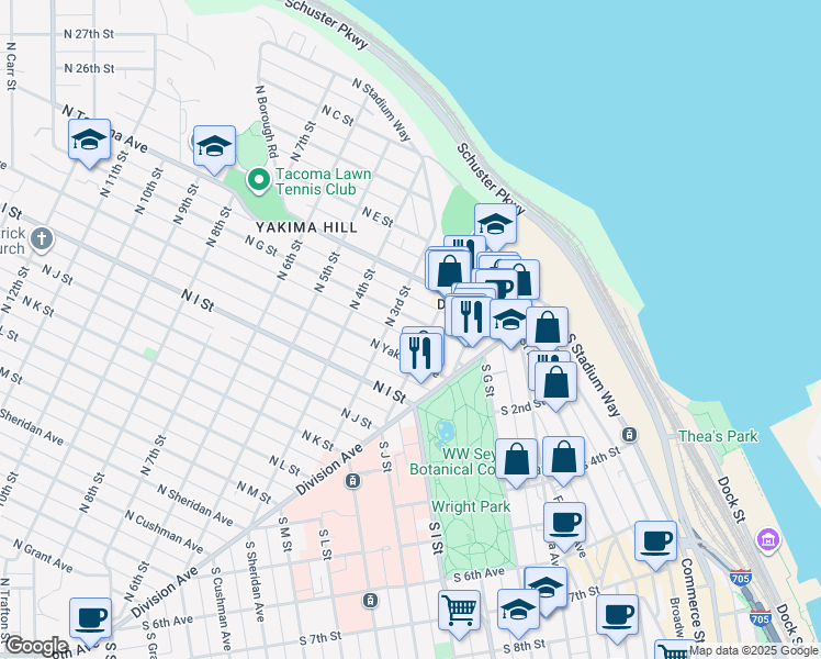 map of restaurants, bars, coffee shops, grocery stores, and more near 201 North Yakima Avenue in Tacoma