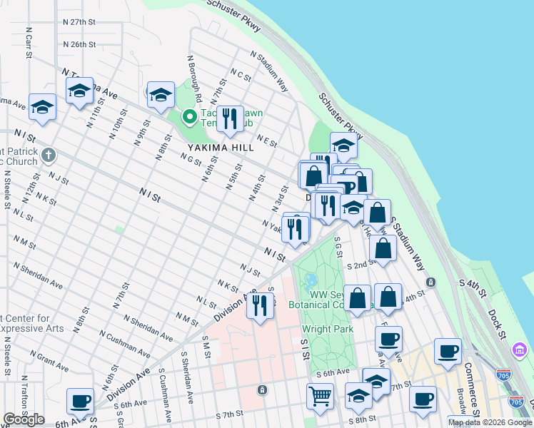 map of restaurants, bars, coffee shops, grocery stores, and more near 224 North Yakima Avenue in Tacoma