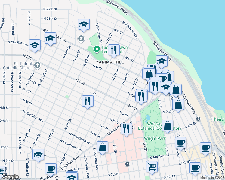 map of restaurants, bars, coffee shops, grocery stores, and more near 422 North I Street in Tacoma
