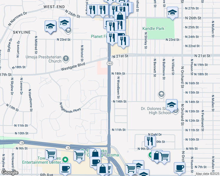 map of restaurants, bars, coffee shops, grocery stores, and more near 1409 North Pearl Street in Tacoma