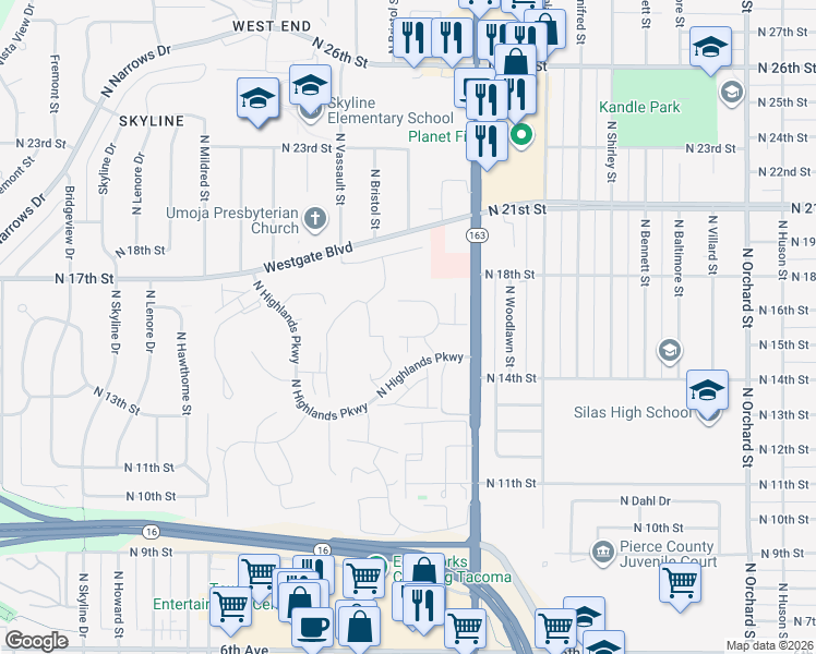 map of restaurants, bars, coffee shops, grocery stores, and more near 6110 North 15th Street in Tacoma