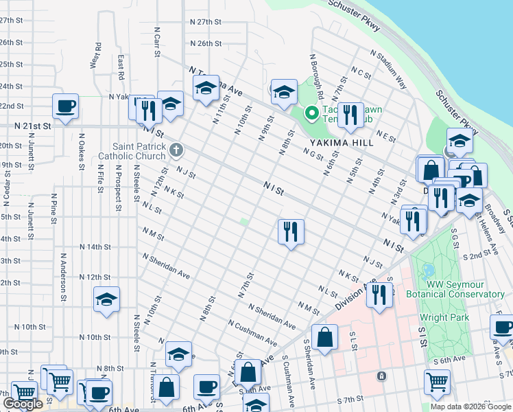 map of restaurants, bars, coffee shops, grocery stores, and more near North J Street in Tacoma