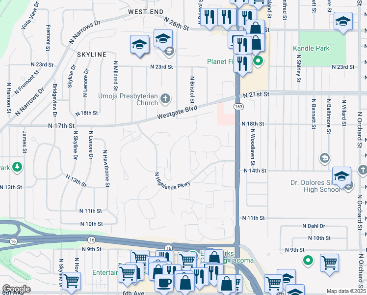 map of restaurants, bars, coffee shops, grocery stores, and more near 1301 North Highlands Parkway in Tacoma