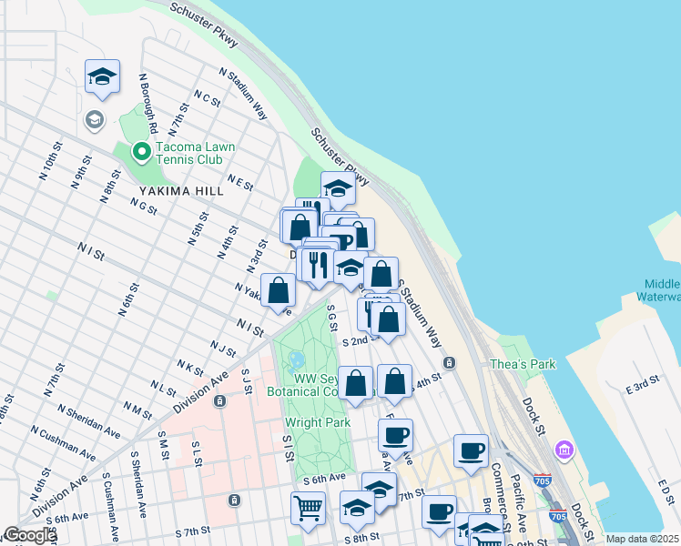 map of restaurants, bars, coffee shops, grocery stores, and more near 5 South G Street in Tacoma
