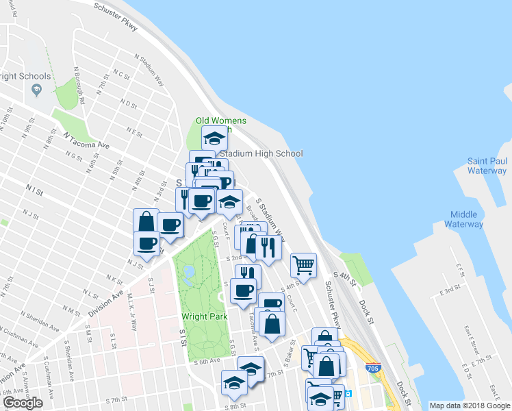 map of restaurants, bars, coffee shops, grocery stores, and more near 35 Broadway in Tacoma