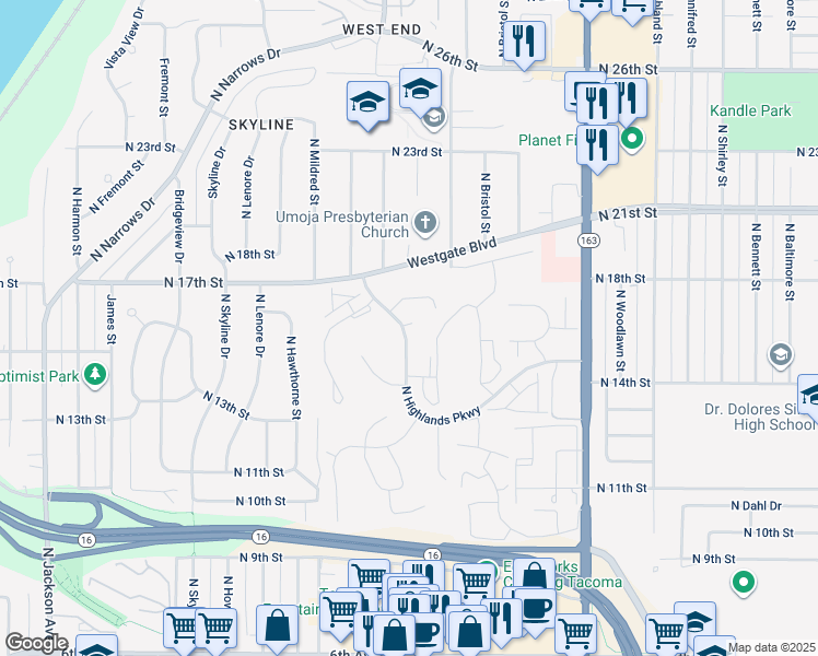 map of restaurants, bars, coffee shops, grocery stores, and more near 1320 North Highlands Parkway in Tacoma