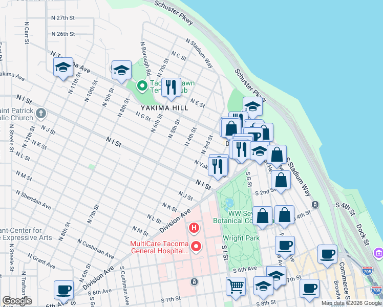 map of restaurants, bars, coffee shops, grocery stores, and more near 224 North Yakima Avenue in Tacoma