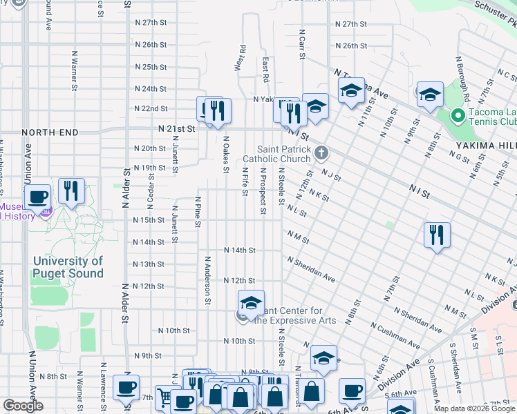 map of restaurants, bars, coffee shops, grocery stores, and more near 1429 North Prospect Street in Tacoma