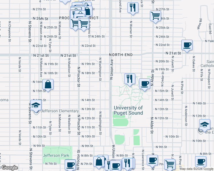 map of restaurants, bars, coffee shops, grocery stores, and more near 1500 North Warner Street in Tacoma