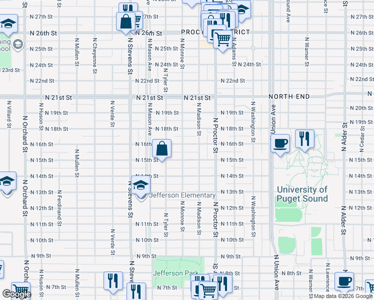 map of restaurants, bars, coffee shops, grocery stores, and more near 4022 North 15th Street in Tacoma