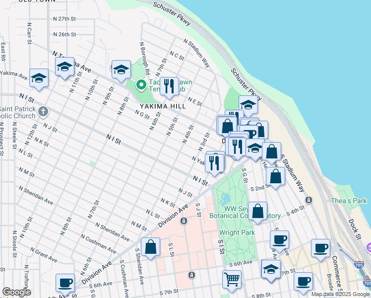 map of restaurants, bars, coffee shops, grocery stores, and more near 402 North G Street in Tacoma