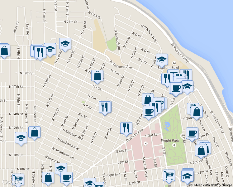 map of restaurants, bars, coffee shops, grocery stores, and more near 602 North Yakima Avenue in Tacoma
