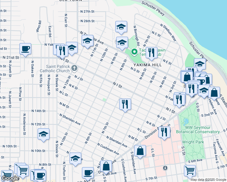map of restaurants, bars, coffee shops, grocery stores, and more near in Tacoma