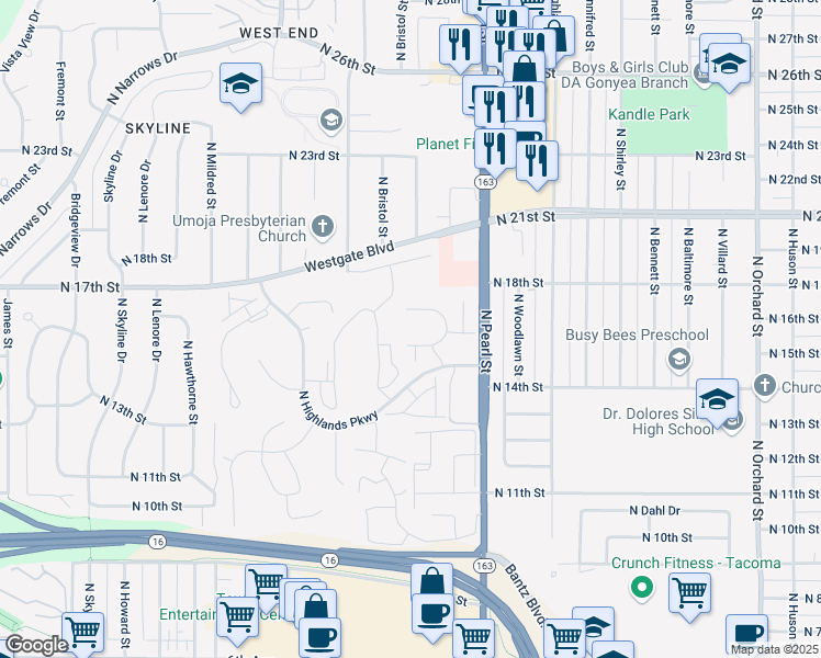 map of restaurants, bars, coffee shops, grocery stores, and more near 6117 North 16th Street in Tacoma