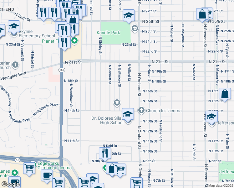 map of restaurants, bars, coffee shops, grocery stores, and more near 1442 North Baltimore Street in Tacoma