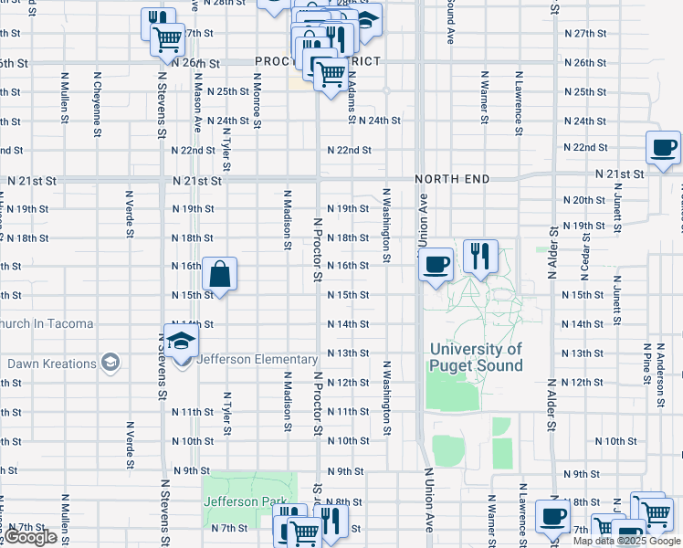 map of restaurants, bars, coffee shops, grocery stores, and more near 1607 North Proctor Street in Tacoma