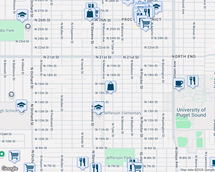 map of restaurants, bars, coffee shops, grocery stores, and more near 1619 North Mason Avenue in Tacoma