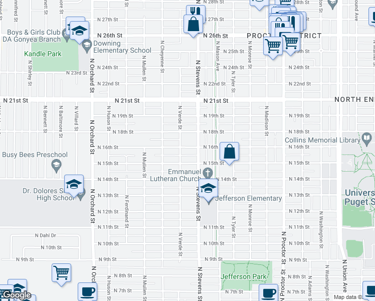map of restaurants, bars, coffee shops, grocery stores, and more near 4414 North 16th Street in Tacoma