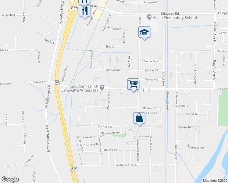 map of restaurants, bars, coffee shops, grocery stores, and more near 132 3rd Avenue Southwest in Pacific