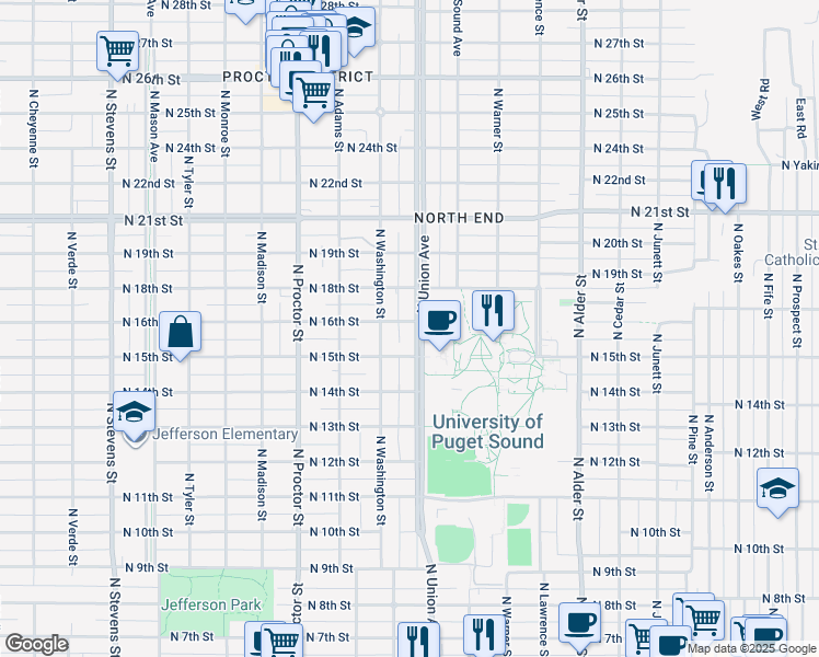 map of restaurants, bars, coffee shops, grocery stores, and more near 1614 North Union Avenue in Tacoma