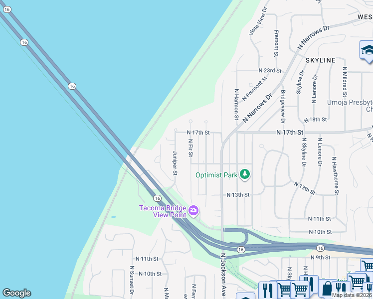 map of restaurants, bars, coffee shops, grocery stores, and more near 1535 North Fir Street in Tacoma