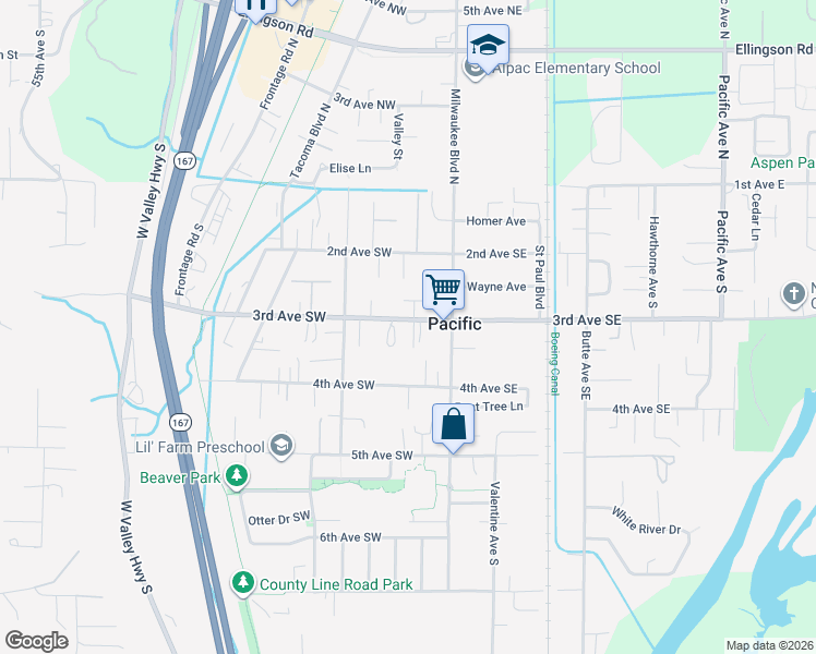 map of restaurants, bars, coffee shops, grocery stores, and more near 117 3rd Avenue Southwest in Pacific