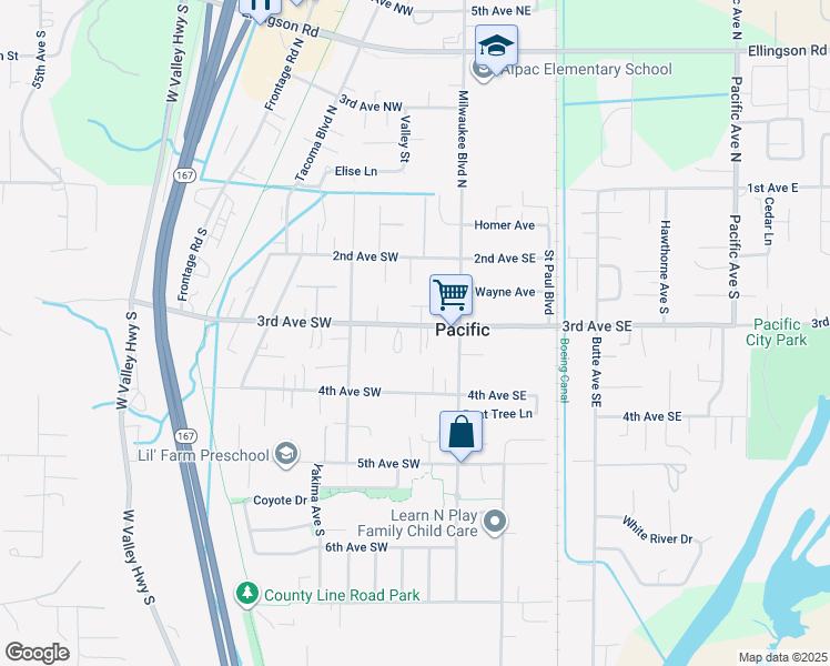 map of restaurants, bars, coffee shops, grocery stores, and more near 117 3rd Avenue Southwest in Pacific