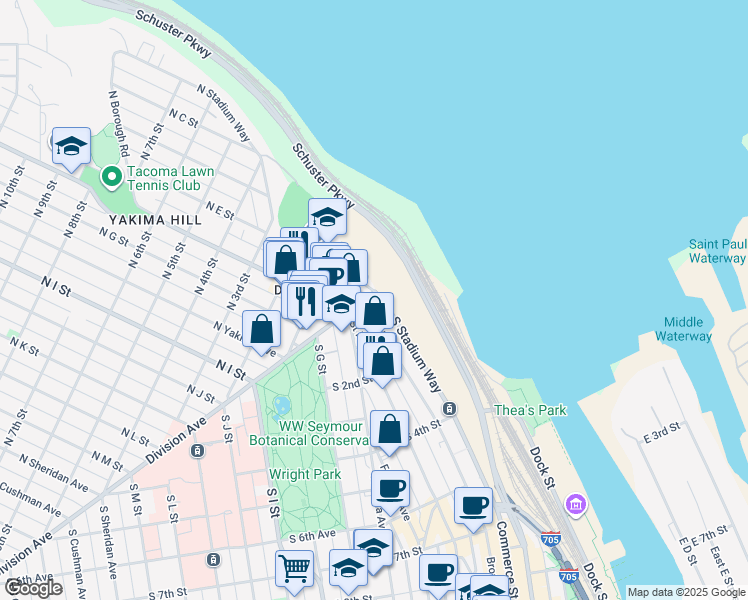 map of restaurants, bars, coffee shops, grocery stores, and more near 1 Broadway in Tacoma