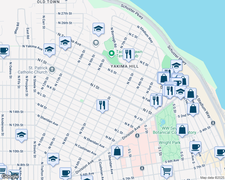 map of restaurants, bars, coffee shops, grocery stores, and more near 602 North Yakima Avenue in Tacoma