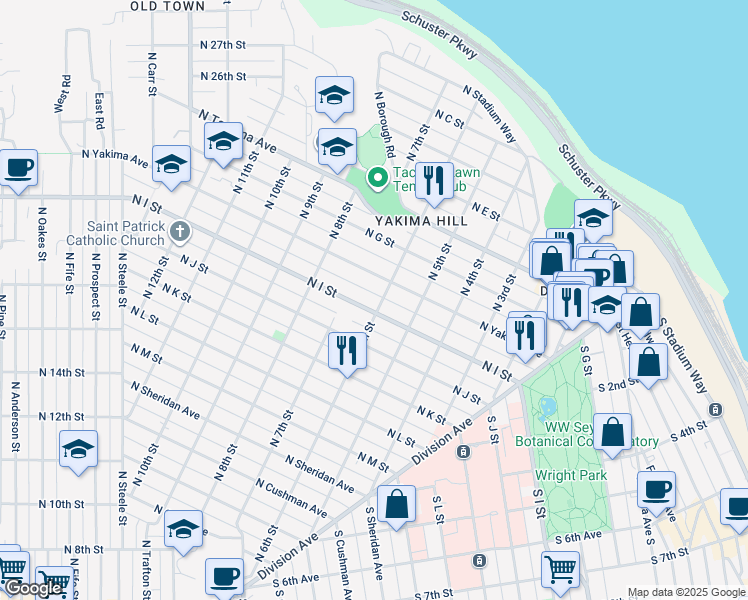map of restaurants, bars, coffee shops, grocery stores, and more near 602 North Yakima Avenue in Tacoma