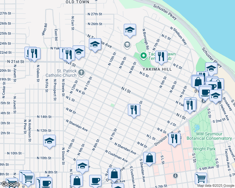 map of restaurants, bars, coffee shops, grocery stores, and more near 906 North 9th Street in Tacoma