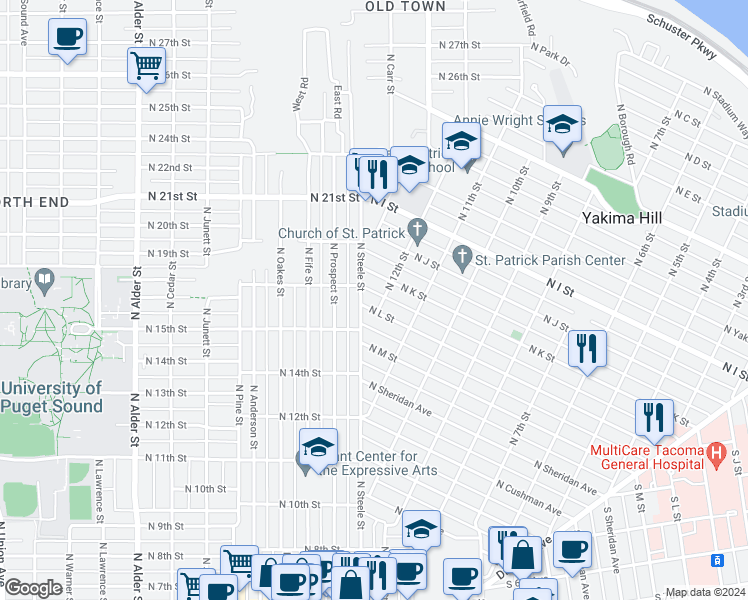 map of restaurants, bars, coffee shops, grocery stores, and more near 1212 North K Street in Tacoma