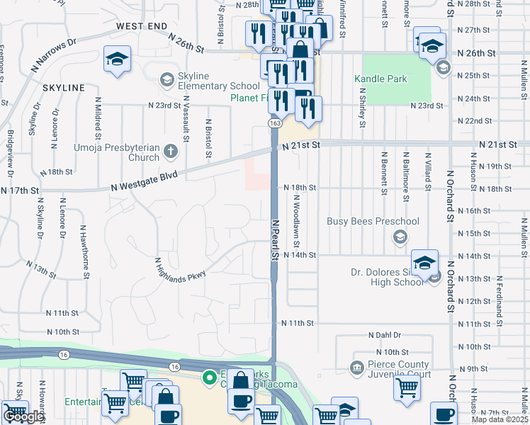 map of restaurants, bars, coffee shops, grocery stores, and more near 1605 North Visscher Street in Tacoma