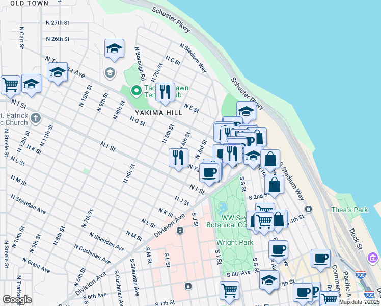 map of restaurants, bars, coffee shops, grocery stores, and more near 314 North G Street in Tacoma
