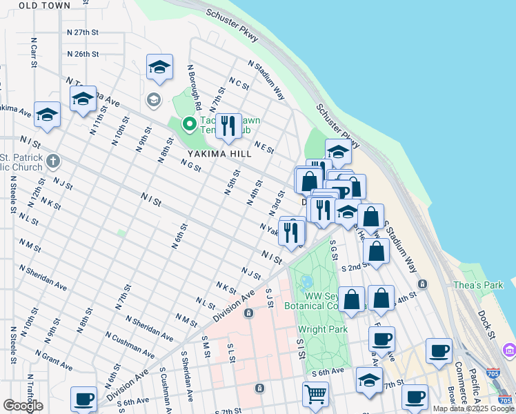 map of restaurants, bars, coffee shops, grocery stores, and more near 314 North G Street in Tacoma