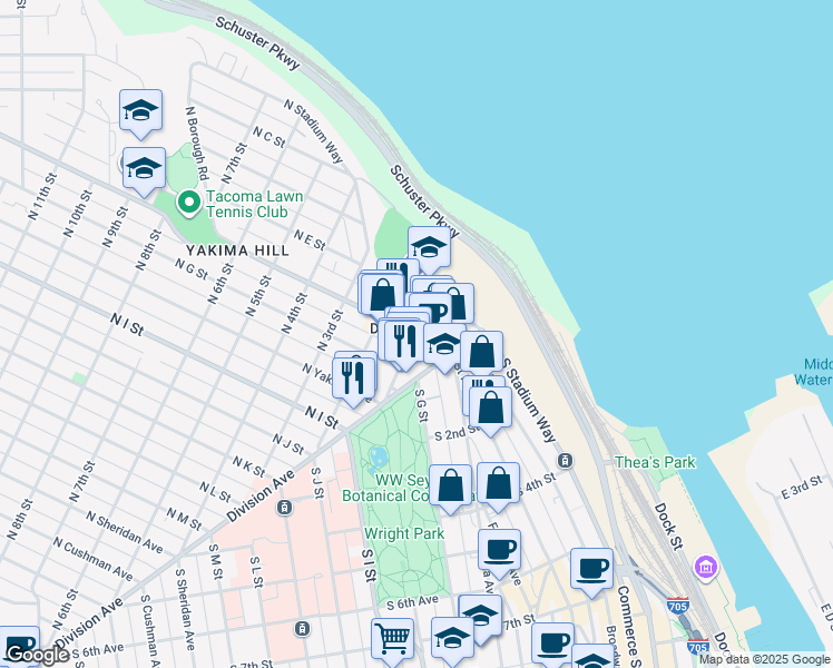 map of restaurants, bars, coffee shops, grocery stores, and more near North 1st Street in Tacoma
