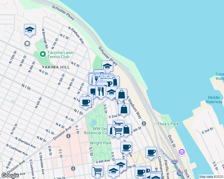 map of restaurants, bars, coffee shops, grocery stores, and more near 25 North Broadway Street in Tacoma