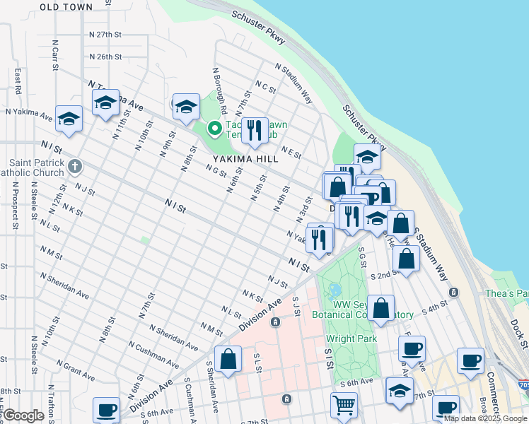 map of restaurants, bars, coffee shops, grocery stores, and more near 402 North G Street in Tacoma