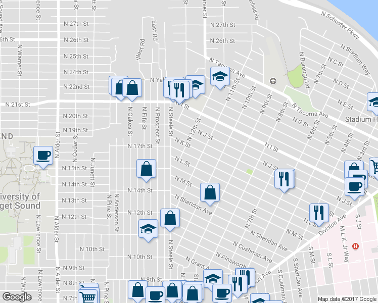 map of restaurants, bars, coffee shops, grocery stores, and more near 1111 North K Street in Tacoma