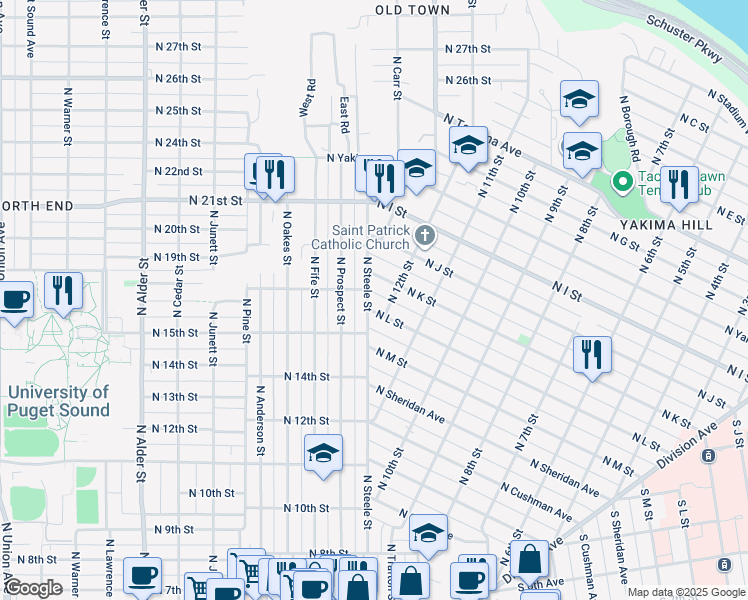 map of restaurants, bars, coffee shops, grocery stores, and more near 1212 North K Street in Tacoma