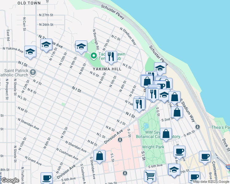 map of restaurants, bars, coffee shops, grocery stores, and more near 402 North G Street in Tacoma