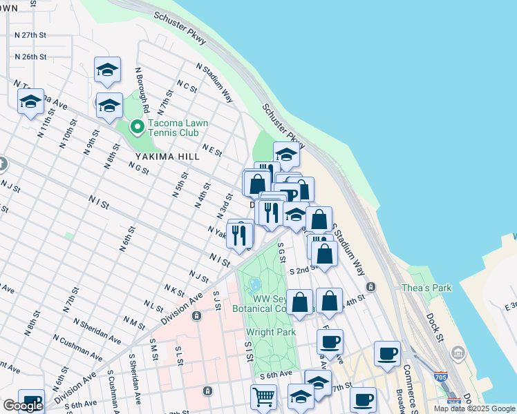 map of restaurants, bars, coffee shops, grocery stores, and more near in Tacoma