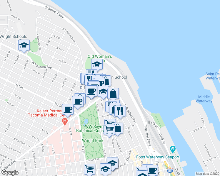map of restaurants, bars, coffee shops, grocery stores, and more near 7 North Broadway Street in Tacoma
