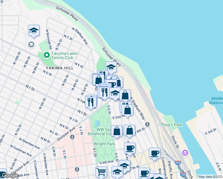 map of restaurants, bars, coffee shops, grocery stores, and more near 25 North Broadway Street in Tacoma
