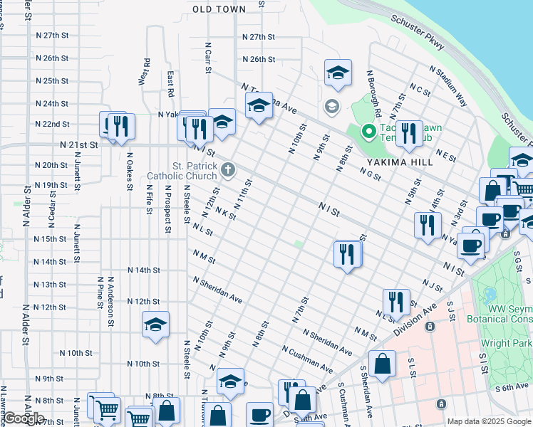 map of restaurants, bars, coffee shops, grocery stores, and more near 923 North J Street in Tacoma