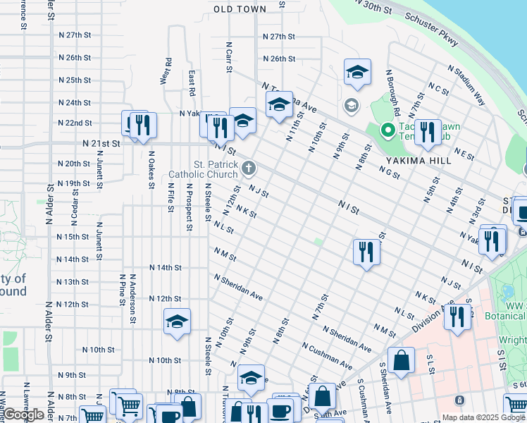 map of restaurants, bars, coffee shops, grocery stores, and more near 1020 North J Street in Tacoma