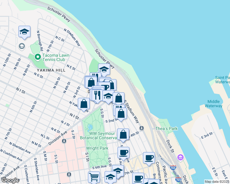 map of restaurants, bars, coffee shops, grocery stores, and more near 7 North Broadway Street in Tacoma