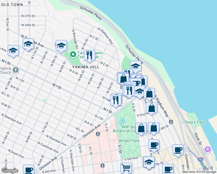 map of restaurants, bars, coffee shops, grocery stores, and more near 315 North G Street in Tacoma
